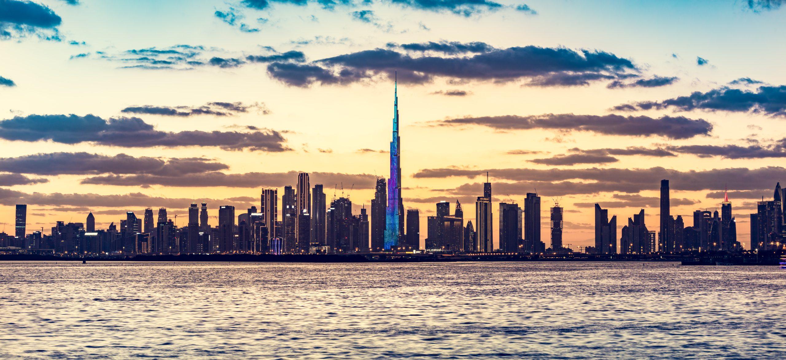 Entertainment Rental Skyscrapers skyline of Dubai UAE downtown with Burj Khalifa at sunset